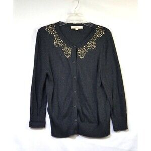 Loft Cardigan Sweater XL Charcoal Gray Rhinestone Embellished